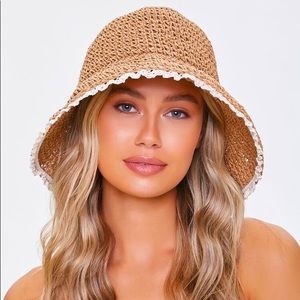 Forever 21 Tan Crochet Hat with White Trim